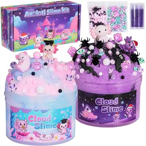 Cloud Slime Kit 2 Pack - 14oz Non-Sticky DIY Slime for Kids, Includes Cute Axolotl Charms & Add-Ins, Glitter, ASMR Sensory Toys, Slime Party Favors for Girls Boys