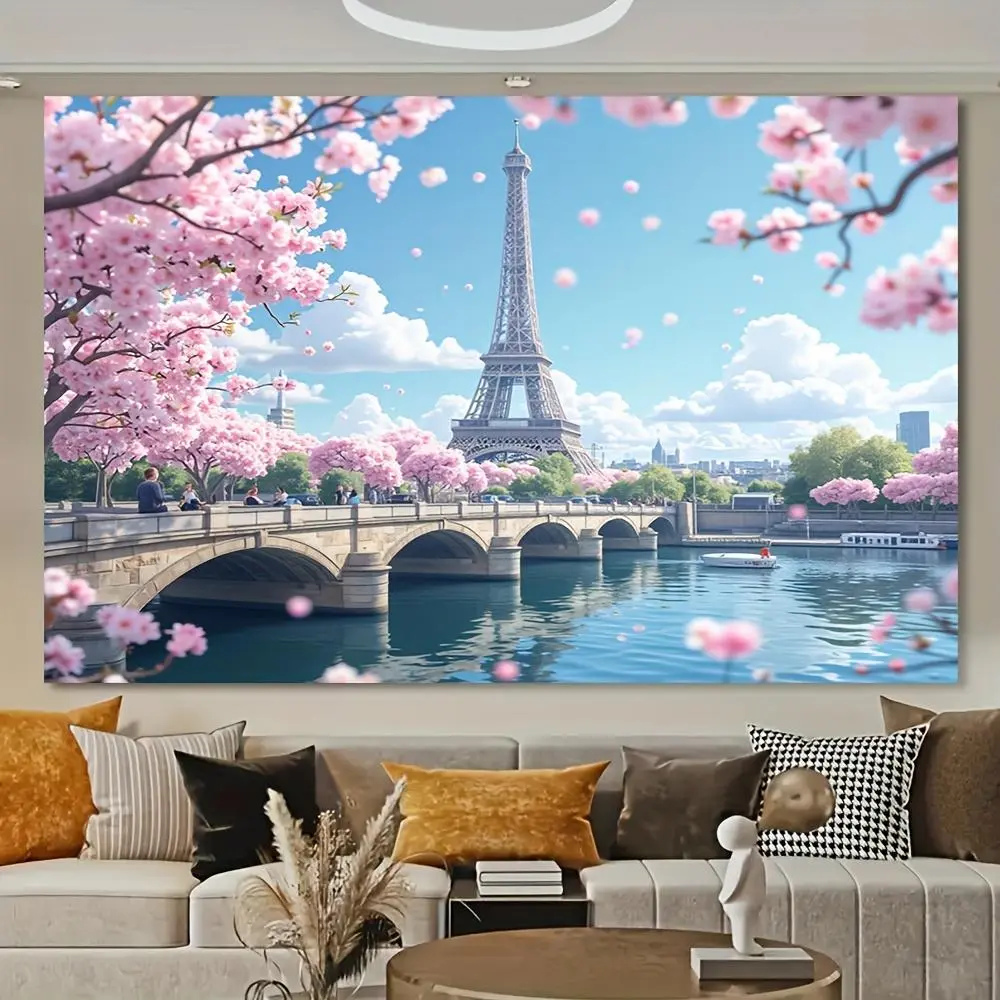 Summerwins Large Polyester Paris Romance Backdrop - 1pc Eiffel Tower, Cherry Blossoms, Flower Photo Banner, Reusable Indoor Festive Decor for Weddings, Happy Birthday Ceremony, Holiday (No Electricity Needed)