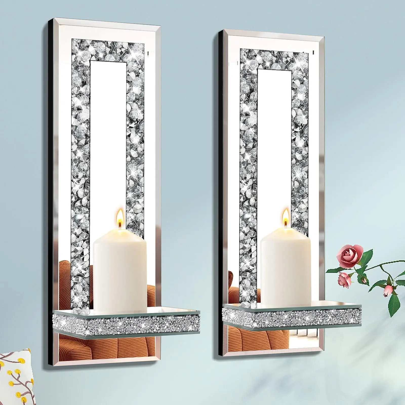 2 wall-mounted candle holders | Glass crystal rhinestone candle holders, rectangular silver mirror wall decor, wall-mounted, suitable for living room, dining room, bedroom, Christmas and Easter decoration