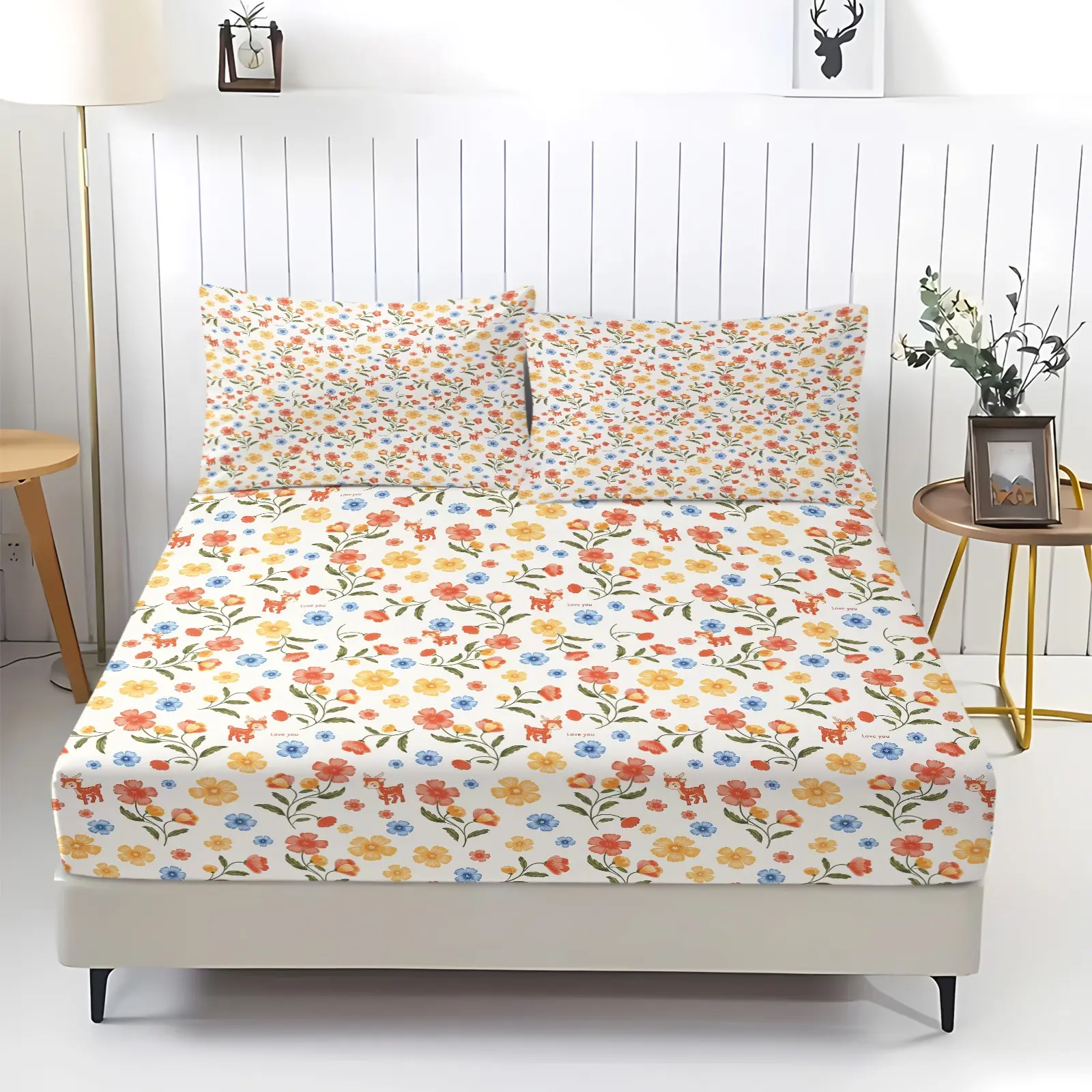Reindeer and Flower Fitted Sheet Set 3 Pcs, Pink and Yellow Floral Bed Sheets Set, Soft Microfiber Floral Sheets Set, Breathable Sheet, Wrinkle and Fade Resistant, Cozy Home Decor