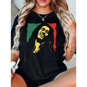 Womens Graphic Tee Crew Neck Short Sleeve Vintage Streetwear Shirt Rasta Color Portrait Print for Concert Festival Summer Outfit
