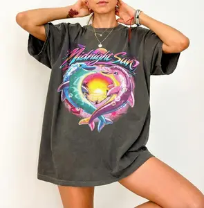 Vintage Dolphin Midnight Sun Graphic T-Shirt, Retro Pop Aesthetic Tee, Summer Ocean Vibes Shirt