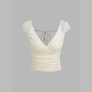 Cider [2 colors, size 2-26] Lace V-neck Backless Short Sleeve Crop Top