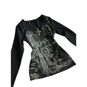 Y2k goth T-shirts vintage aesthetics punk Woman clothing cross graphic 90s Grunge sexy v-neck Fabric Top
