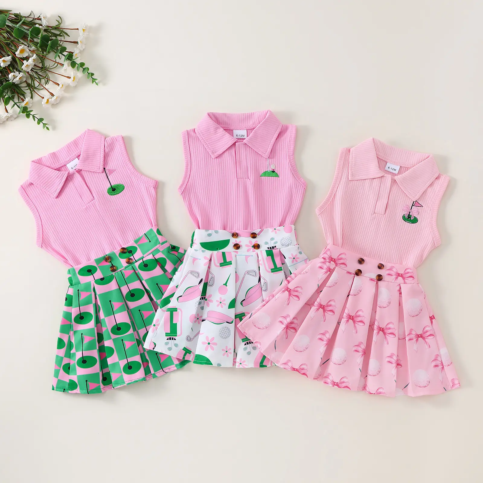 Toddler Baby Girl Sports Outfit sleeveless Lapel Tops Tennis Golf Pattern Mini A Line Skirt Cute 2 Pcs Set