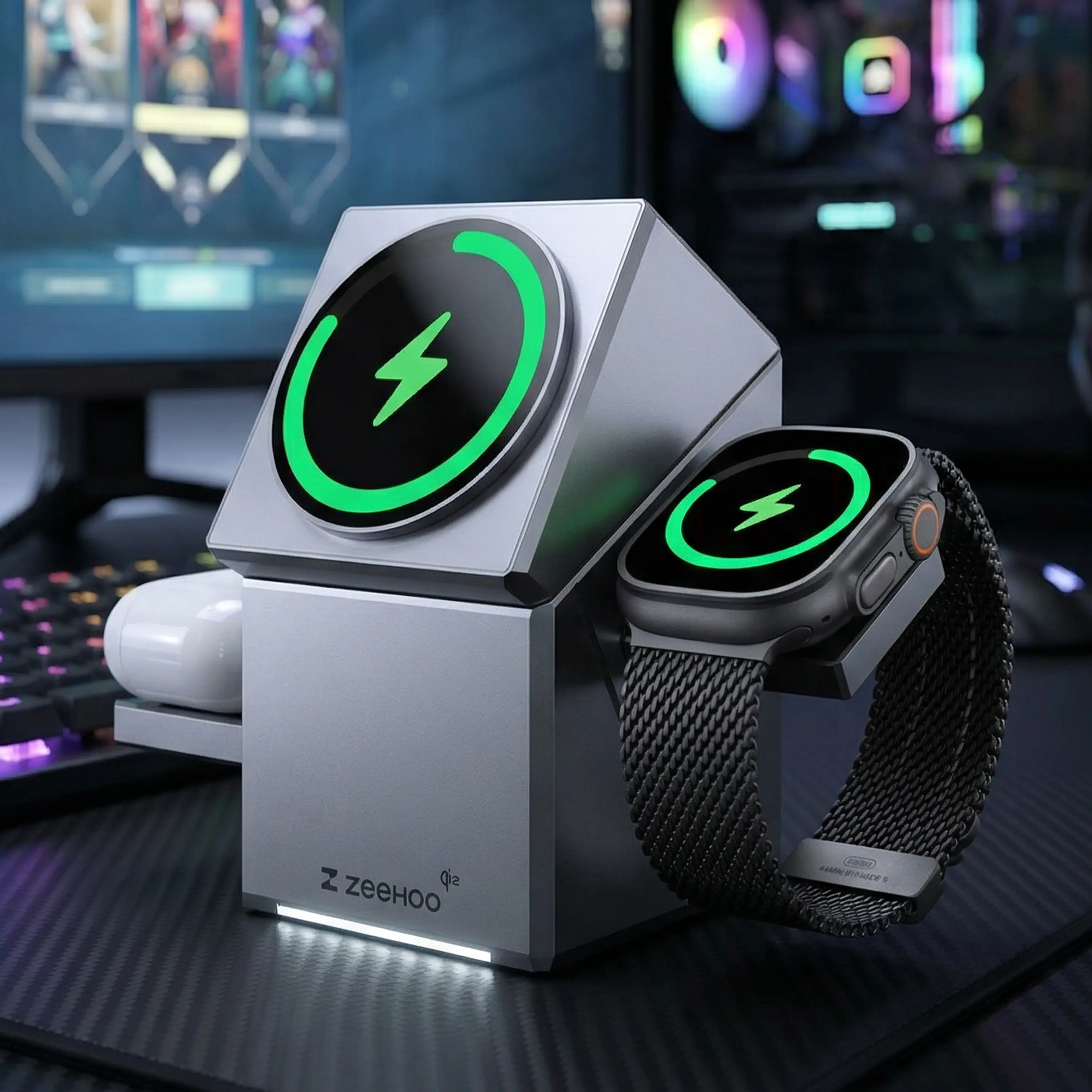ZeeHoo 3-in-1 Wireless Charging station for iPhone, Apple Watch＆ Airpods, Qi2 certified 15W Fast Charge for Phone, Auto-rotating wireless charger for iPhone, Apple Watch＆ Airpods