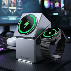 ZeeHoo 3-in-1 Wireless Charging station for iPhone, Apple Watch＆ Airpods, Qi2 certified 15W Fast Charge for Phone, Auto-rotating wireless charger for iPhone, Apple Watch＆ Airpods