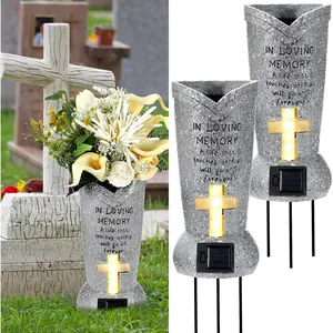 2 count Solar Cemetery Grave Vase with LED for  Artificial  Headstones Vases with Spikes Grave Decorations for Cemetery Decor Memorial Gifts Loss of Loved (Cylinder)