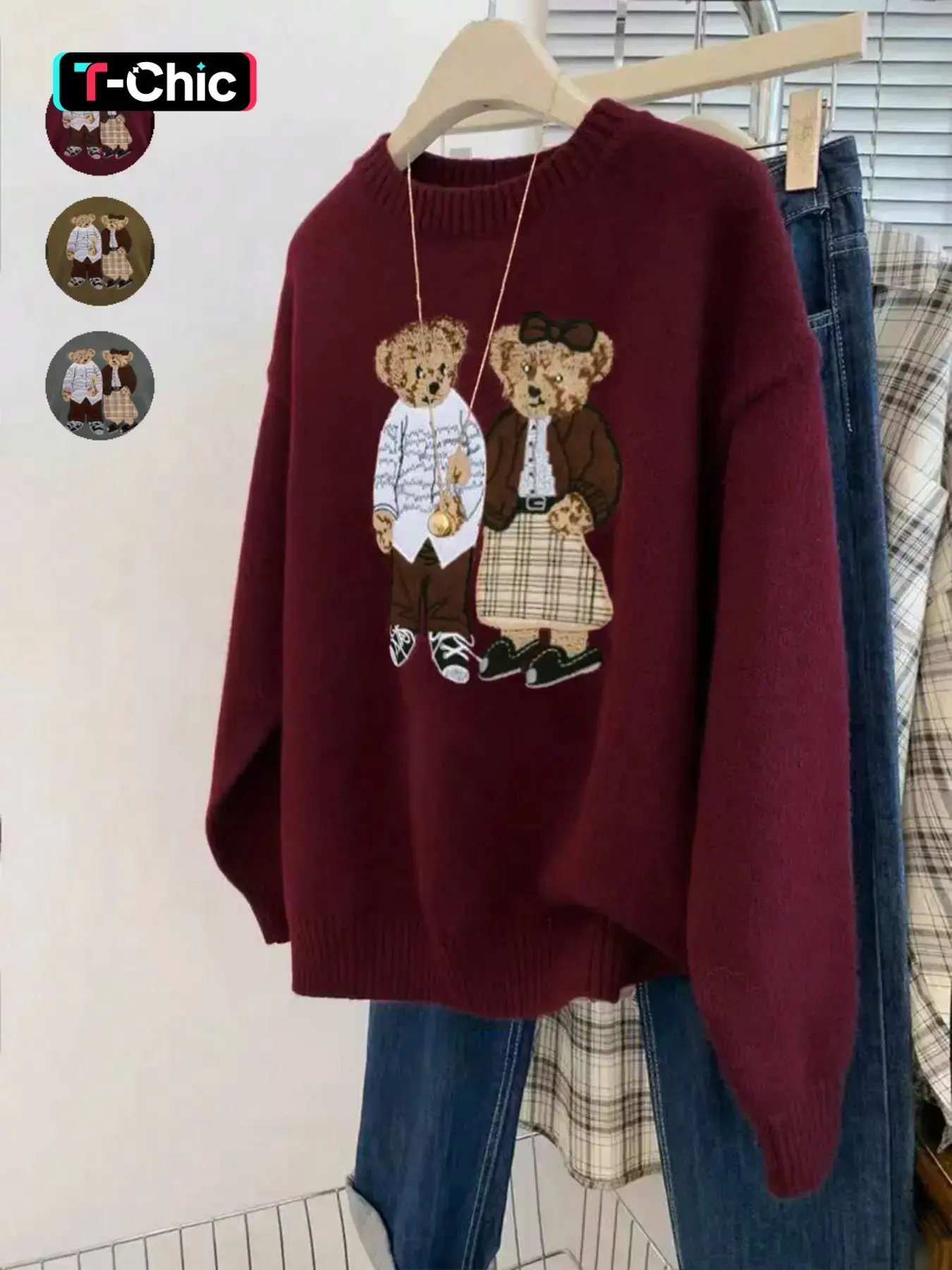 Unisex Couple Bear Embroidery Round Neck Long Sleeve Casual Knit Pullover Sweater, Loose-Fitting Cartoon Pattern, Fall & Winter Fashion, Knitwear