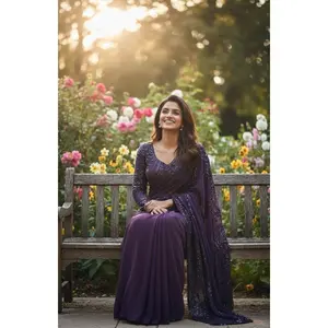 Purple Heavy Sequin Pre-Draped Saree - Custom-Stitched Luxury on Georgette