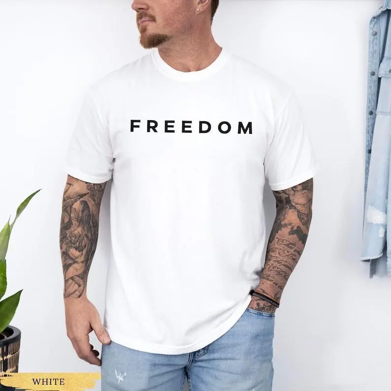Freedom T-Shirt – Minimalist Graphic Tee, Patriotic Statement Shirt, Casual Streetwear Top for Men & Women Round Neck Shortsleeve Tshirt Crewneck White, Menswear, Cotton MaterialUnisex Crew neck T-shirt for Men And Women,All-Season Comfort