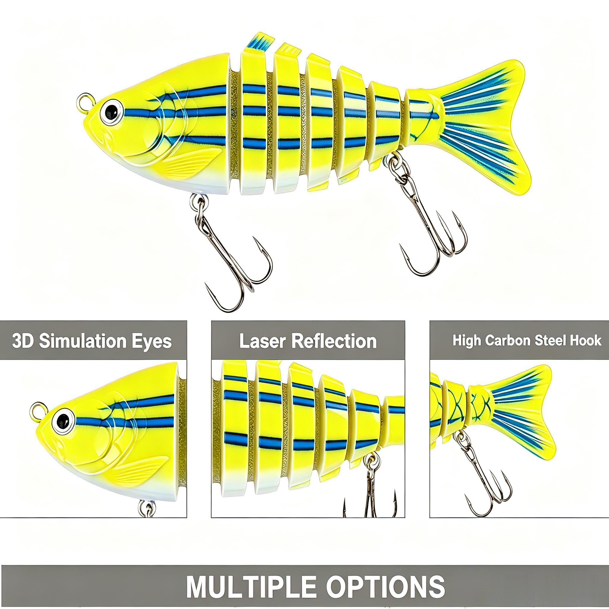 Multi-joint swimming fish lures, suitable for both freshwater and saltwater, are ideal for catching bass and pike. Outdoor fishing gear. A set of bionic swimming posture fish lures. Made of plastic fish lures and metal-reinforced hook handles.