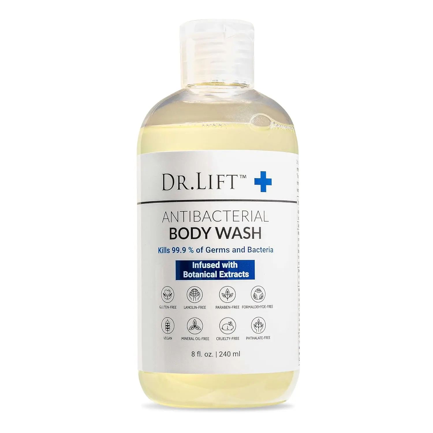 Dr. Lift Antibacterial Body Wash, Lemon, Spirulina, Vegan, 8 Fl Oz | Refreshing Scent, Citric Acid, Hydrating Moisturizing Formula, Paraben & Phthalate Free