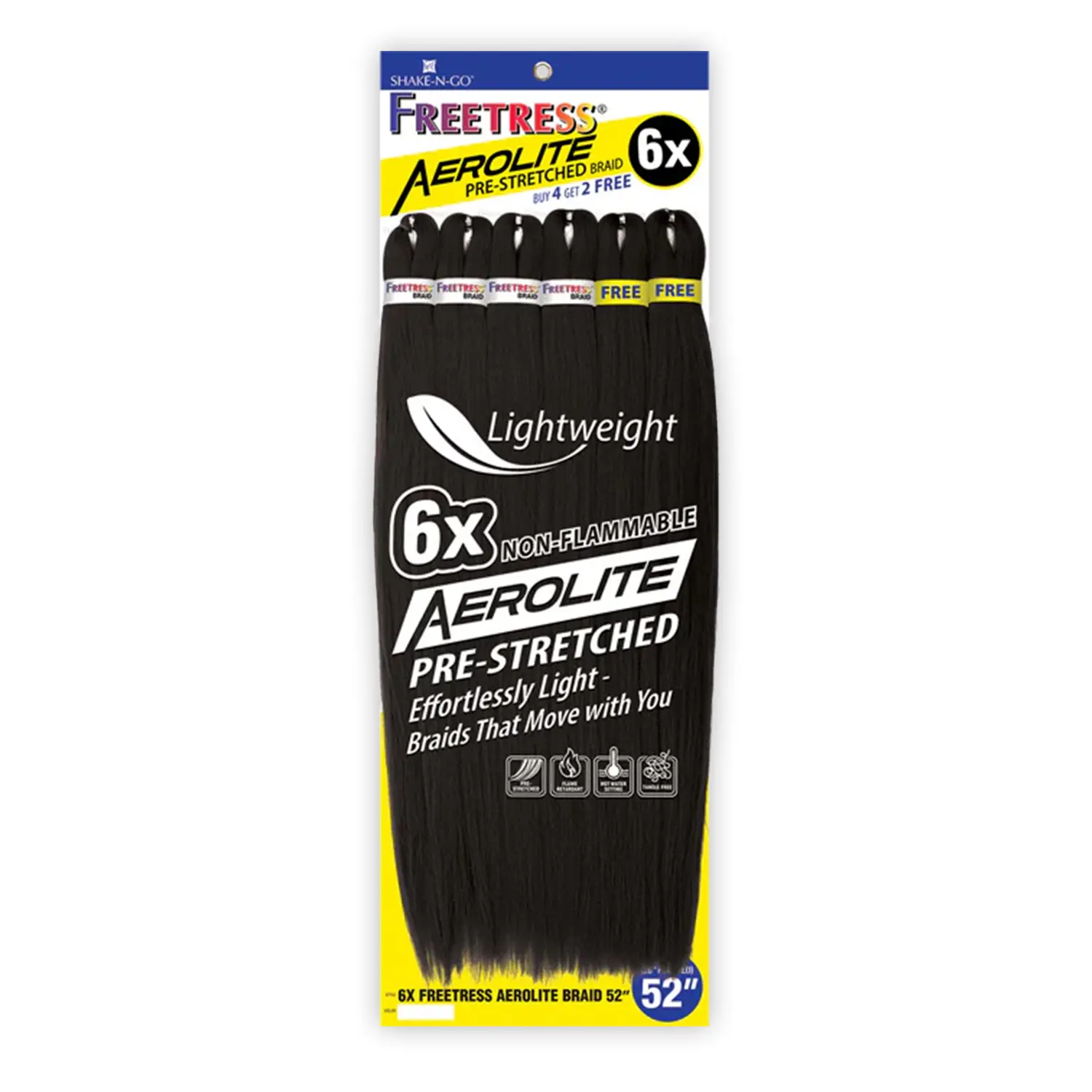 Freetress Aerolite 6X Pre-Stretched Synthetic Braid Extensions, 52 Inches, Color 1B Natural Straight, Itch-Free for Hot Water Setting, Synthetic Artificial Hair, No Color Bleed, Braided Hair Texture, Lightweight Hairpiece, Box Braids Hairstyle