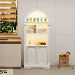 LVSOMT 71" Arched Display Cabinet, 3-Tier Display Shelves and 2 Drawers, Arch Bookcase, China Cabinets, Wood Kitchen Storage Cabinets with 3 Color Lights, Arched Curio Cabinet with Human Body Sensor