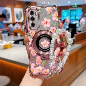 MotoG60 5G Popular Series Luxury pearls Strap Lanyard Phone Holder Case For Compatible With Motorola Moto G60 5G Transparent Glitter Shiny Cover and Durable Advanced and Beautiful Peach Blossoms Protector Cases