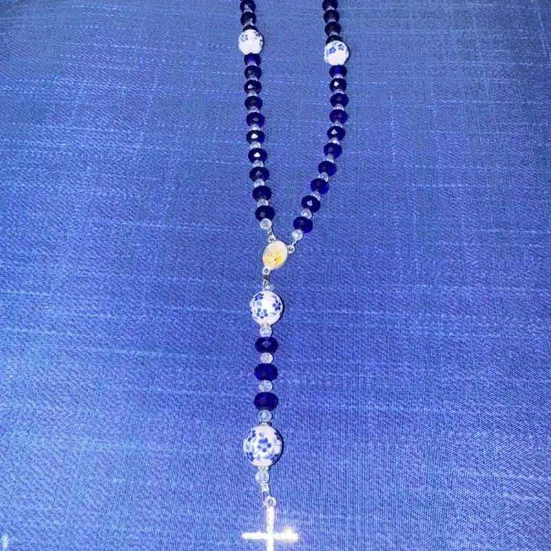 Limited edition Holy Family Handmade Blue Crystal & Porcelain flower Bead Rosary with Silver/Diamond Crucifix – Elegant Catholic Prayer Beads