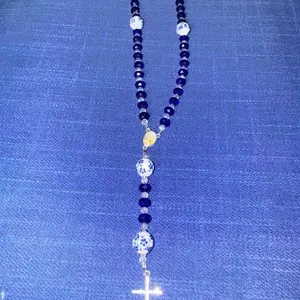 Limited edition Holy Family Handmade Blue Crystal & Porcelain flower Bead Rosary with Silver/Diamond Crucifix – Elegant Catholic Prayer Beads
