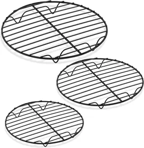 3-Piece Smooth Metal Kitchen Round Cooling Wire Racks, Sturdy Thick Nonstick Bakeware Set with Stainless Steel Core, 7.5/9/10.5 in Black for Convection Ovens & Fryers