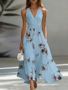 Patchwork V-Neck Sleeveless Waist Cinched Elegant Midi Dress For Work & Vacation