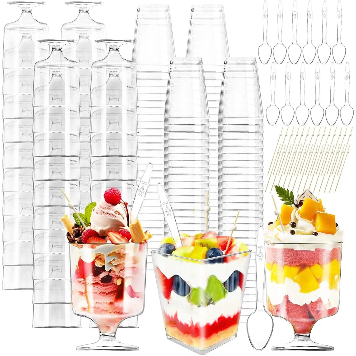 510 count Dessert Cups with Spoons and Toothpicks,5 OZ Mini Clear Plastic Dessert Parfait Cup,Square Dessert Glasse Round Goblet for Party ,Fruit,Ice Cream,Cake,Pudding