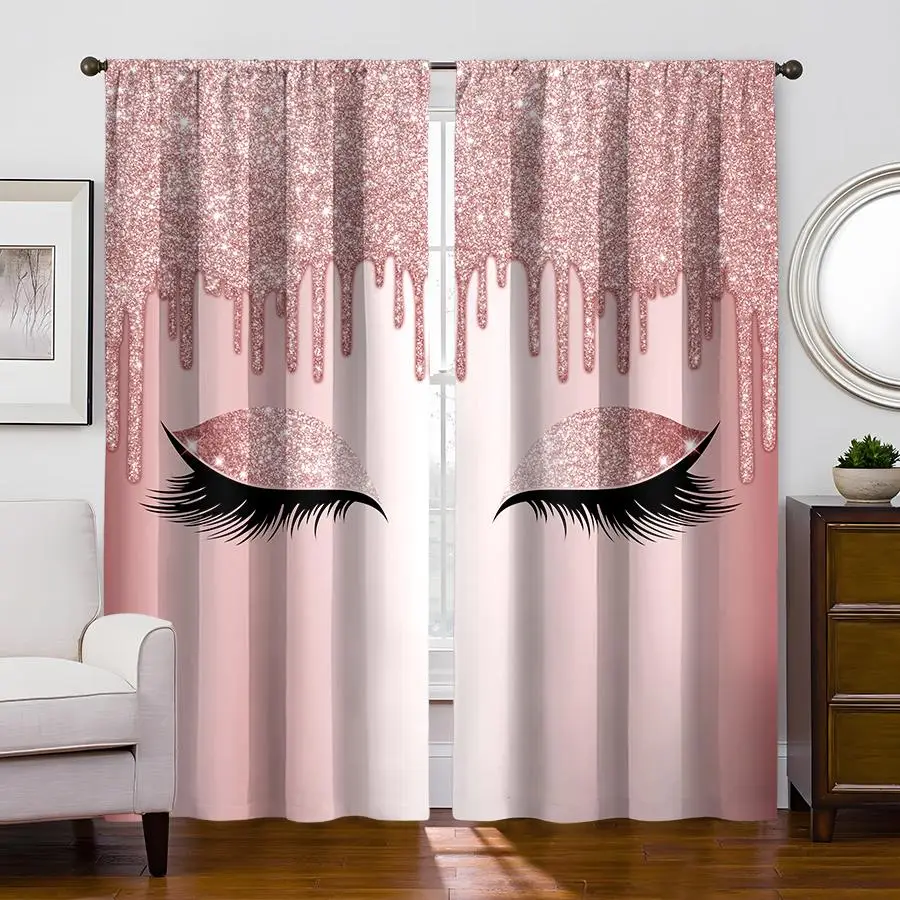 Glitter Eyelash Pattern Curtain Set, 2 Counts/set Creative Pattern Curtain, Summer Home Decor Window Curtain for Living Room Bedroom