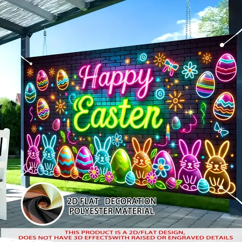 Easter Banner with Neon Rabbit and Eggs, Happy Easter Sign, 70.87 X 43.31 Inches, Party Photography Prop, Easter Theme Decorations