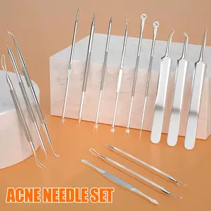 14 Counts Acne Needle Set, anti-slip handle design, various shaped tools,  metal storage box included, home travel skin care