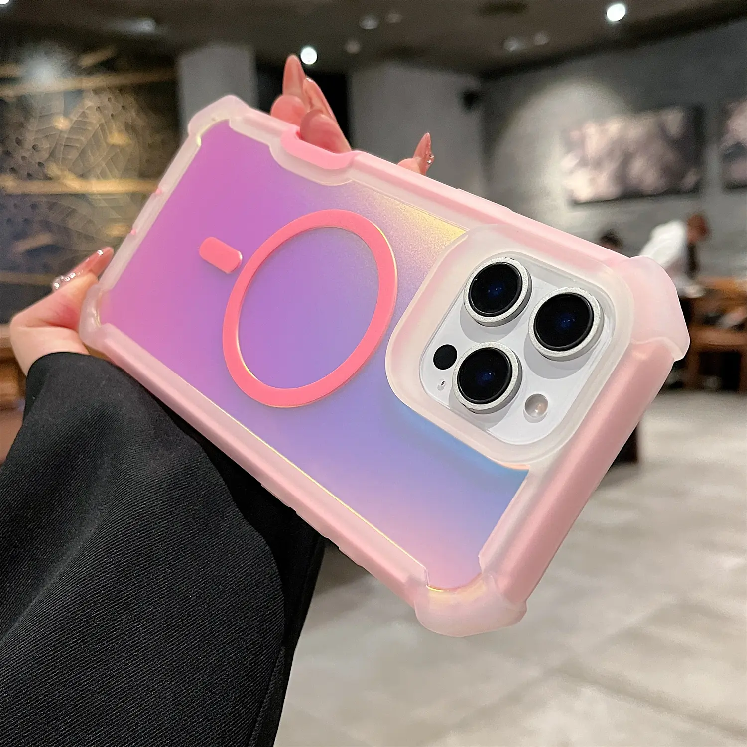 Iridescent Laser Phone Case for iPhone 17 Pro Max 16 15 14 13 Pro Max, Cute Fluorescent Holographic Case Compatible with MagSafe, Anti-Slip Shockproof Protective Cover with 6FT Drop Protection