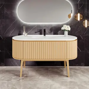 Haven 55 in. Natural Oak Freestanding Single Sink Bath Vanity with Solid Surface Top and Integrated Sink