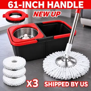61-Inch Spin Mop and Bucket Set (with wringer) — stainless steel basket, adjustable handle, collapsible soap dispenser, 3 ultra-smooth absorbent microfiber mop heads, 1 brush head — cleaning supplies and tools, household essentials for all floor types