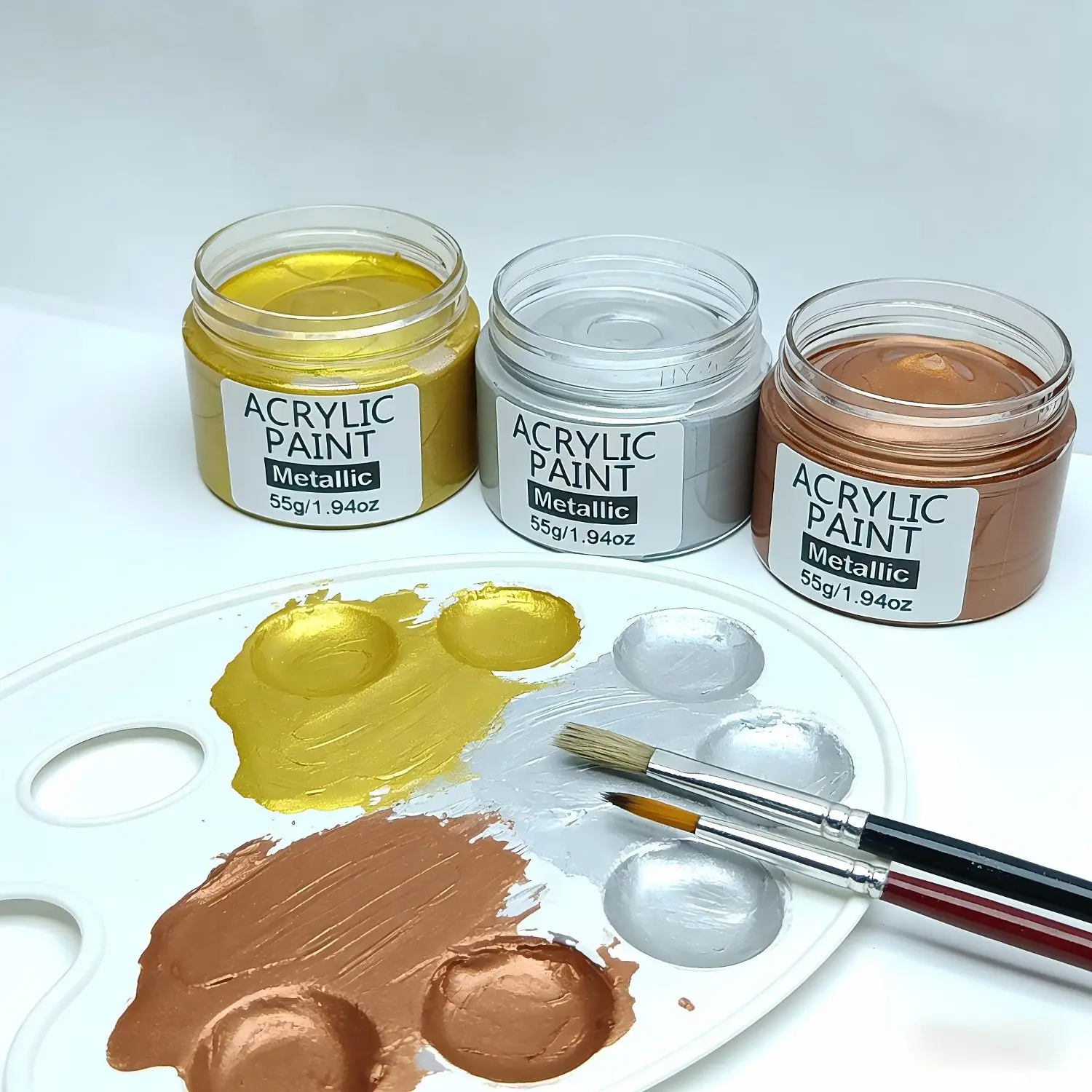 Acrylic Paint in Large Capacity 55G/1.94Oz, Featuring Pearlescent Metallic Color Series with Golden, Silvery, And Copper Options. It Offers Rich Pigmentation, Is Waterproof for Outdoor Use, Quick-Drying