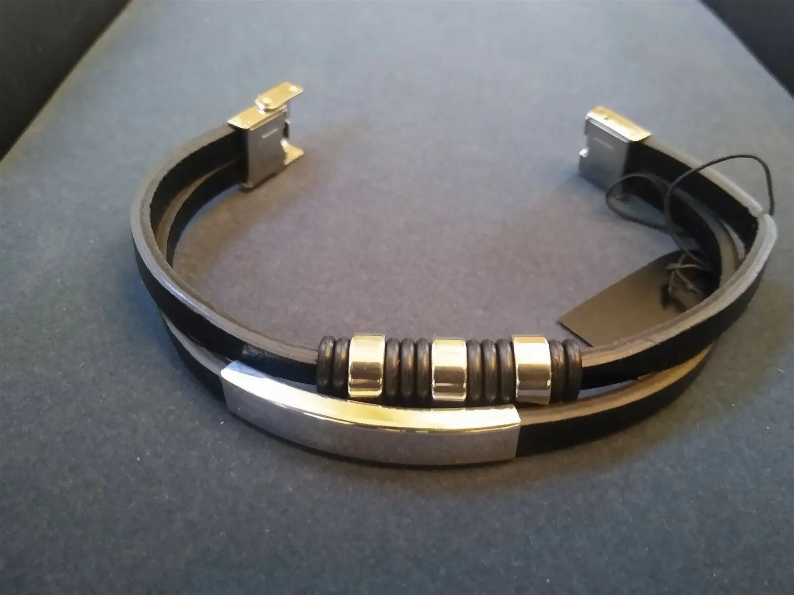 Men's Rockstar Bracelet, 2-Strand Black PU Leather Cuff with Adjustable Stainless Steel Clasp, 8.75 Inch Casual Wear, Dimensions, 8.75 Inches, Authentic And Long Lasting, Rockstar Look, Adjustable Clasp, Unisex, Fashion