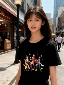 Girls' Summer Single Short Sleeve T-Shirt, Cartoon Girl Design, Hair, Street Style, Casual Wear, Round Neck, Streetwear