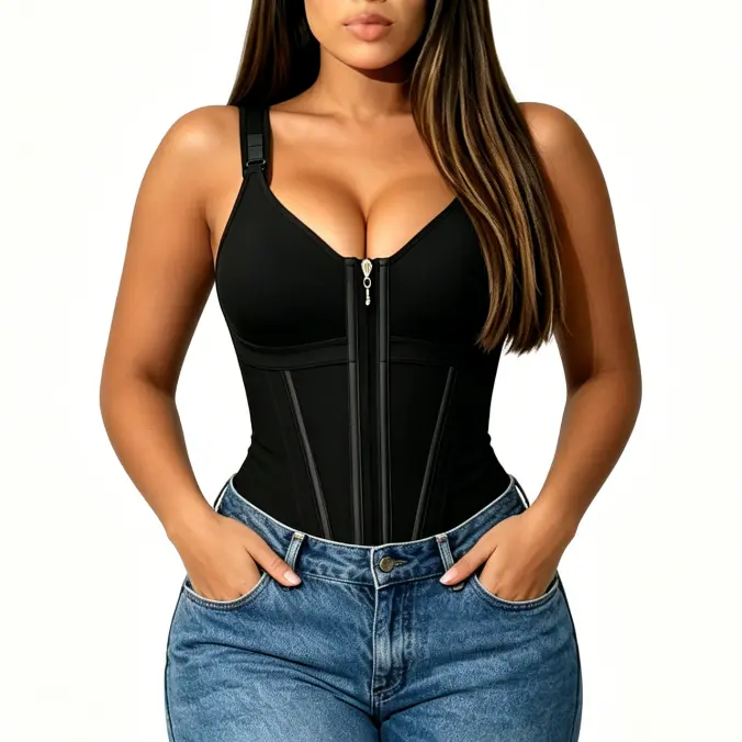 Women's Tummy Control Shapewear Bodysuit, Compression Corset Vest in Nylon Spandex Fabric with Zipper, Hooks & Adjustable Straps