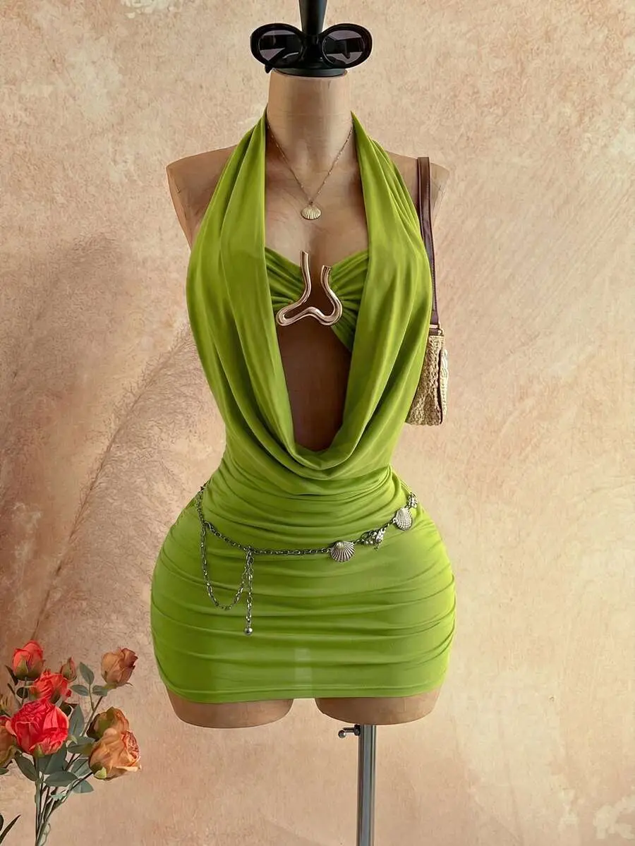 Women's Metal Connected Hollow Out Plunging Neck Sexy Mini Dress,Summer Dresses For Women,No Breast Pads