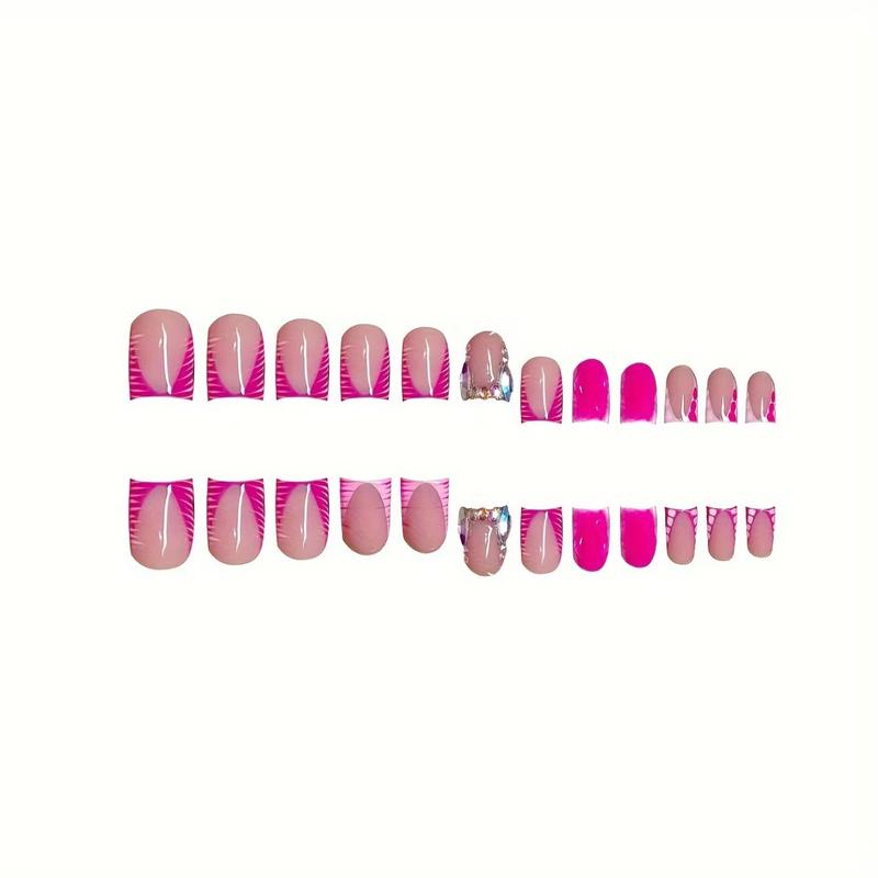 24pcs Medium Duck Bill Nail Art Set, Rose Color, Striped & Rhinestone Decorations, Glossy Finish, Easy to Apply, for All Girls & Ladies, Stylish Acrylic Nails