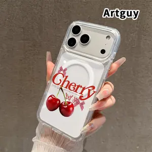 Magnetic Phone Case for iPhone 17 16  Pro Max Plus 15 14 13 12 11 Air E Cherry Charm  Printed Acrylic Hard Back Soft Silicone Edge Water-resistant Smartphone Cover