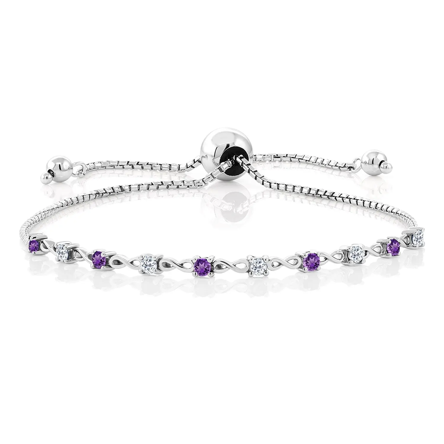 Gem Stone King 925 Sterling Silver Gemstone Birthstone and White Topaz Infinity Tennis Bracelet For Women | Round 2.5MM | Adjustable Bolo Bracelet Up to 9 Inch | Easy-On Easy-Off
