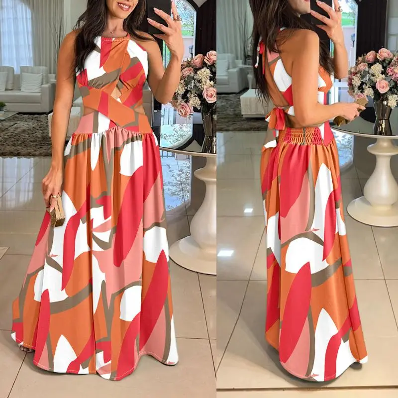 ChicMe Women's Floral Print Halter Sleeveless Shirred Maxi Dress Casual Waist Criss Cross Hollow-out Dress