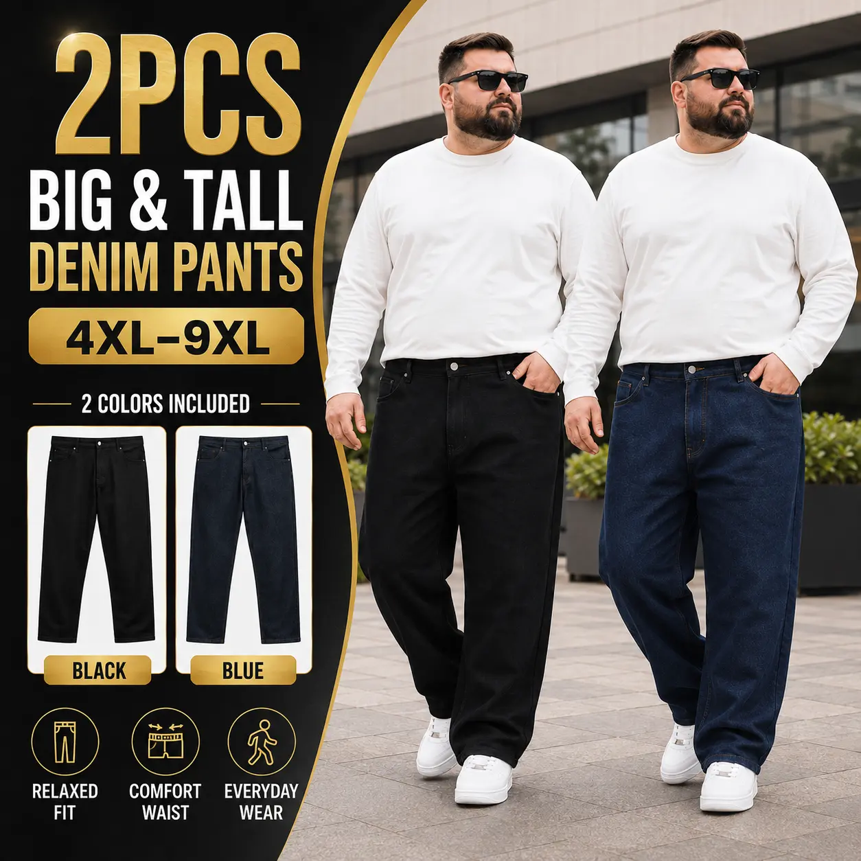 2‑Pack Men’s Big & Tall Loose‑Fit Denim Jeans, Plus Size Daily Casual Straight‑Leg Long Pants