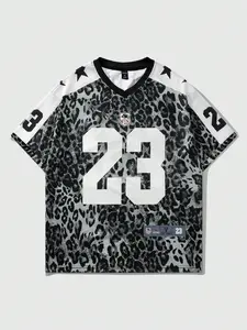 Trendy Men's Leopard Print 23 Oversized Football Jersey, Color Block V-Neck Short Sleeve Sporty Tee, Edgy Y2K Streetwear Athletic Top for Street Style & All-Day Daily Wear Sports Clothing #MensStreetwearJersey #RetroSportswear #VersatileSummerTee