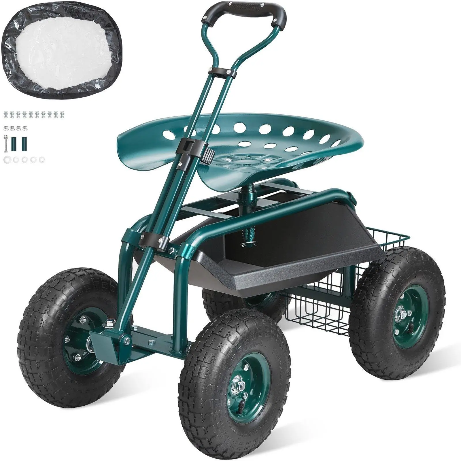 【SummerFinds】VEVOR Garden Cart Rolling Workseat with Wheels, Gardening Stool for Planting, 360 Degree Swivel Seat, Wagon Scooter with Steering Handle & Utility Tool Tray, Use for Patio, Yard, and Outdoors