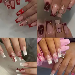 96pcs Long Square Fake Nails, French Art Style, Reusable, Easy to Wear, Includes Jelly Glue and Nail File, Perfect for All Seasons