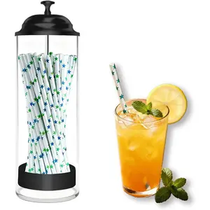 Straw Holder Straw Dispenser with Stainless Steel Lid - Holds Straws Up to 8.5 Inches, Drinking Straw Container for Home Kitchen Countertop Restaurant