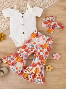 3 Pieces For Baby Sweet Cute Bow Halter Jumpsuit And Floral Print Flare Pants And Headband Suit