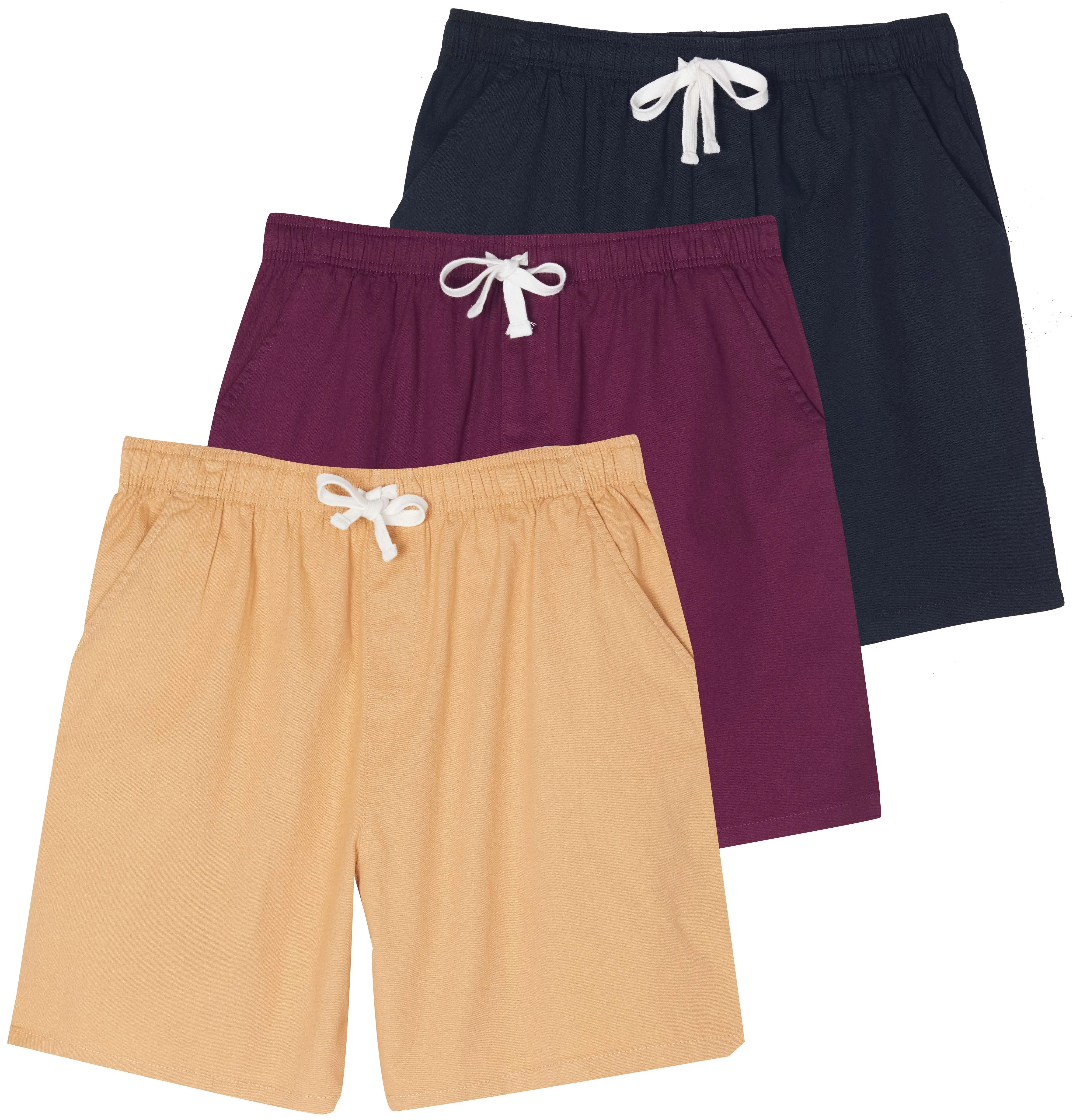 Real Essentials 3 Pack: Men's 7" Cotton Chino Golf Walking Shorts Elastic Waist Drawstring Back Pockets Casual Lounge Hybrid