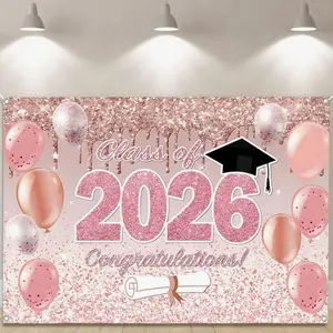 1PC Graduation Banner Background, Class Of 2026 Congrats Grad Pattern Backdrop, Pink Background Cloth, Indoor Outdoor Wall Decor, Graduation Decorations 2026 High School College Party Supplies, Room Home Decor