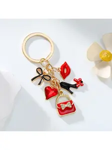 1pc Oil-Dripping Alloy Bag with Red Lip Bow Keychain, Red Valentine'S Day, Stylish Keychain, Stylish Keyring