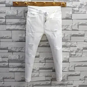 Fashion Streetwear Luxury White Jeans for Men Korean Style Slim Fit Cotton Trousers with Distressed Holes Stretch Casual Jeans